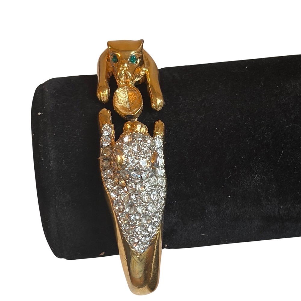 Les Bernard Vintage Double Panther Head Rhinestone Gold Tone Bangle  7.25"